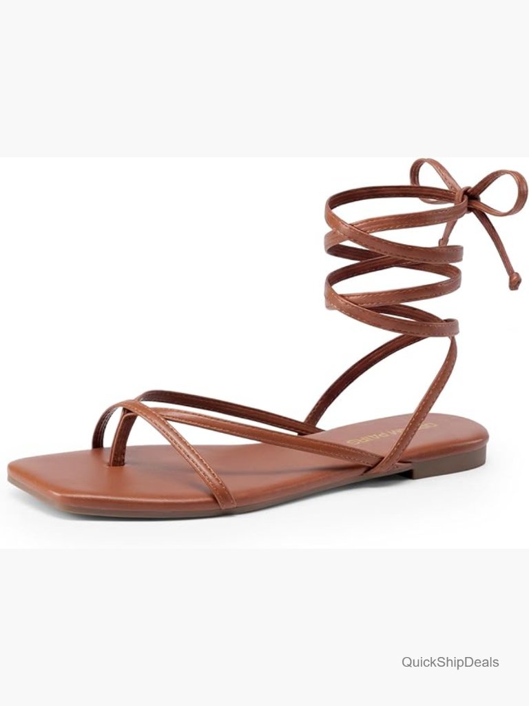 Strappy Lace Up Flat Sandals - Square Toe Gladiator Dressy Walking Sandals